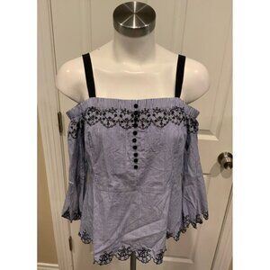 Y Yigal Blue & White Striped Floral Embroidered Cold Shoulder Shirt, Size XL